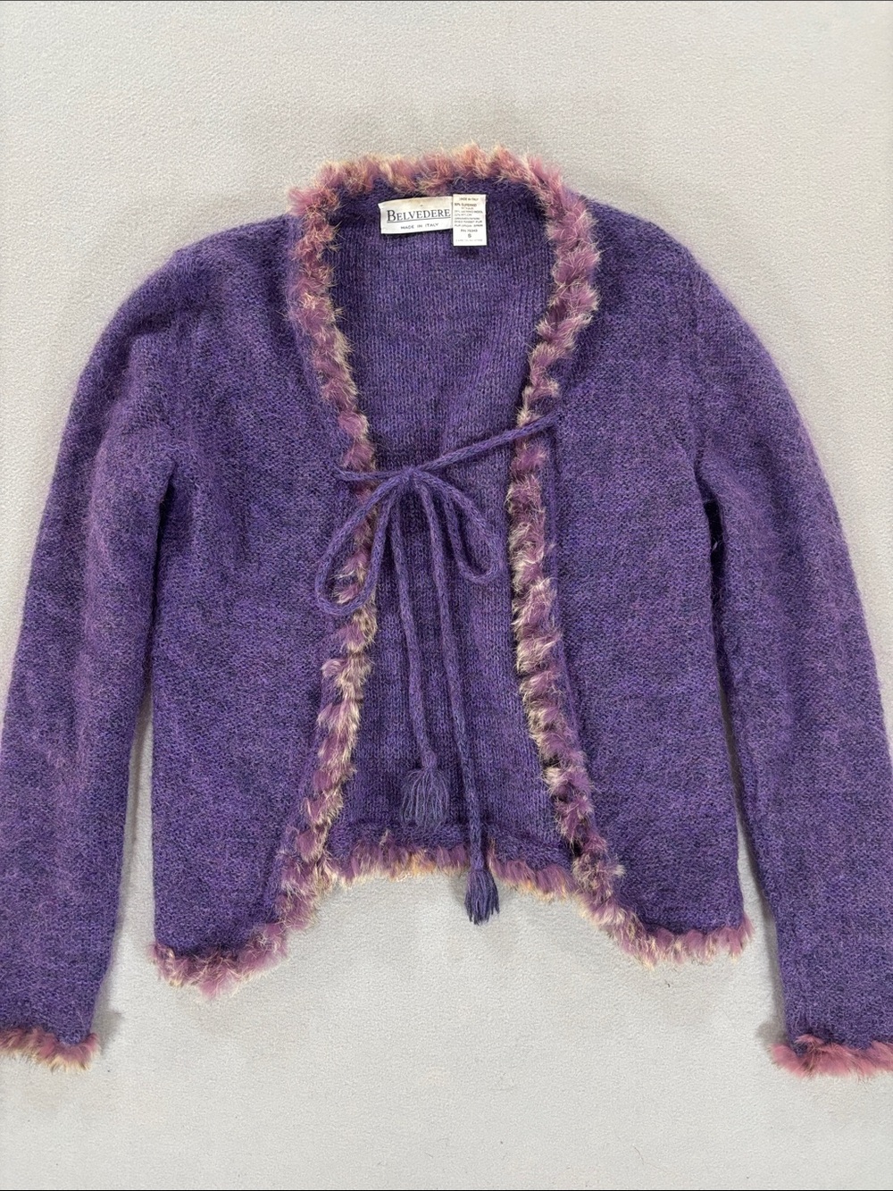 Belvedere Purple rabbit Trim Tie-Front Sweater mohair Italy S
